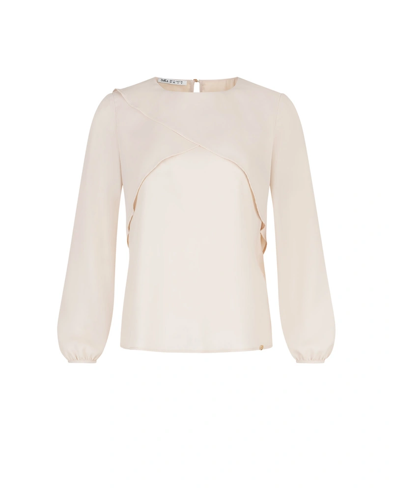 Beige fine blouse with long sleeves and neckline detail | Business