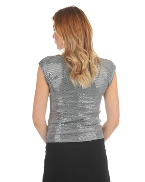 Silver blouse with short sleeves and a Greek neckline | Blouses - 5