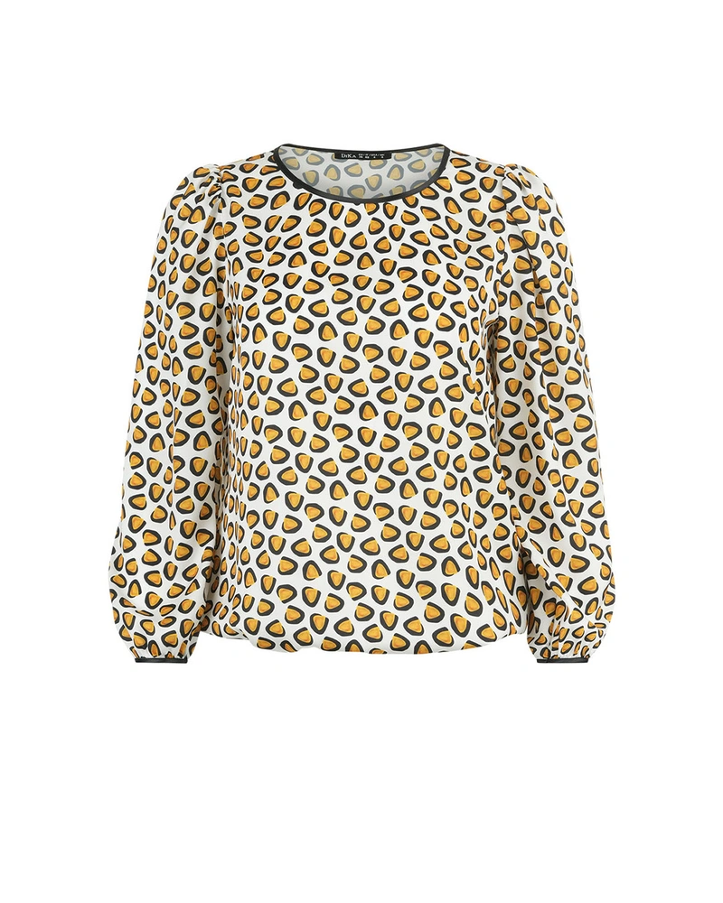 Blouse with stylized print in mustard and black on a light beige background | NEW