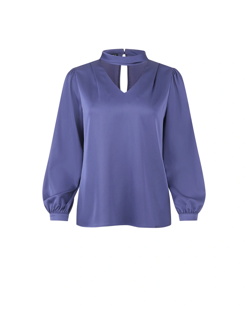 Satin-finish blouse in blue with V-shaped neckline | Business