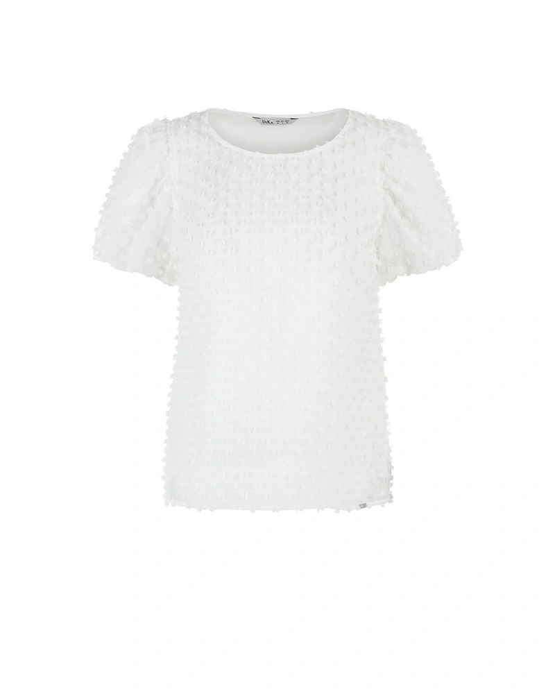 Бяла блуза с текстурирана материя и къс буфан ръкав | Casual