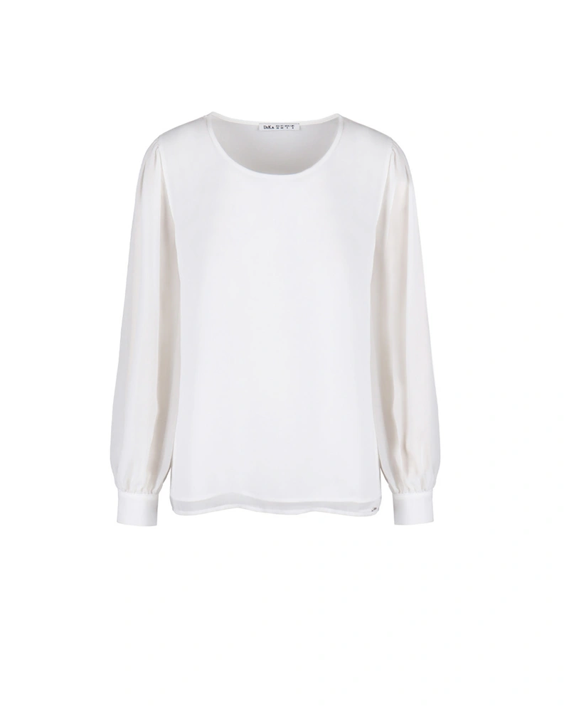 White blouse with wide cuff sleeves and crew neck | NEW | Dikastore.ro White blouse with wide cuff sleeves and crew neck | NEW