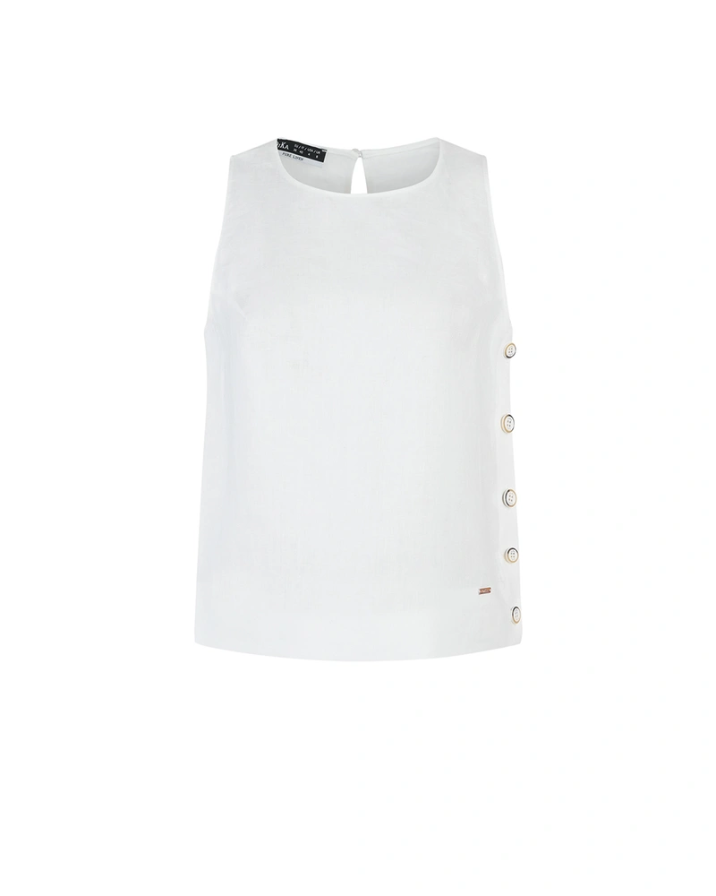 Бяла ленена блуза без ръкав със странични копчета | НОВО | Dika.bg Бяла ленена блуза без ръкав със странични копчета | НОВО