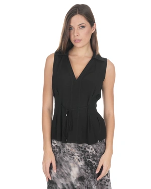 Black viscose blouse with V-neckline and open collar | Blouses - 1