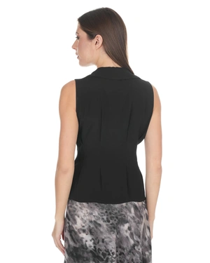 Black viscose blouse with V-neckline and open collar | Blouses - 2