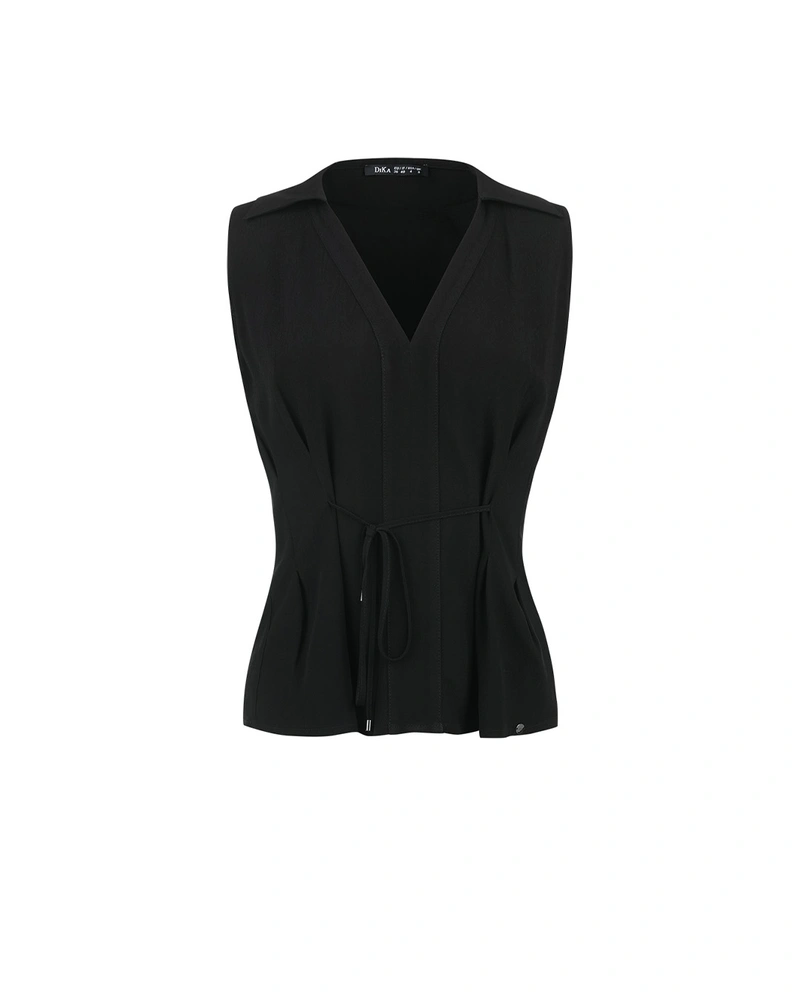 Black viscose blouse with V-neckline and open collar | Blouses
