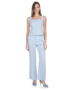 Bluză albastra deschis din amestec de in, fără mâneci, cu decolteu pătrat și dungi delicate | Casual - 2