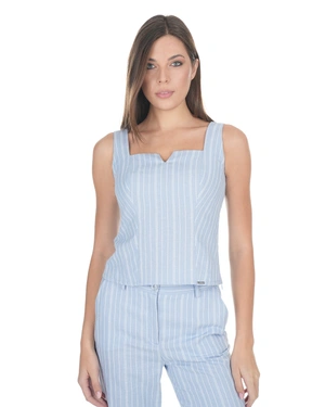 Bluză albastra deschis din amestec de in, fără mâneci, cu decolteu pătrat și dungi delicate | Casual - 3