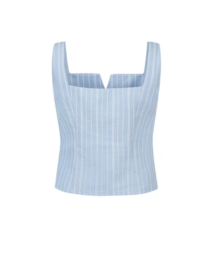 Bluză albastra deschis din amestec de in, fără mâneci, cu decolteu pătrat și dungi delicate | Casual - 5