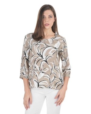 Бежова блуза с абстрактен принт и 3/4 ръкав | Casual - 1