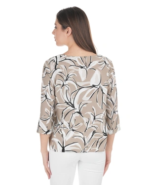 Бежова блуза с абстрактен принт и 3/4 ръкав | Casual - 3