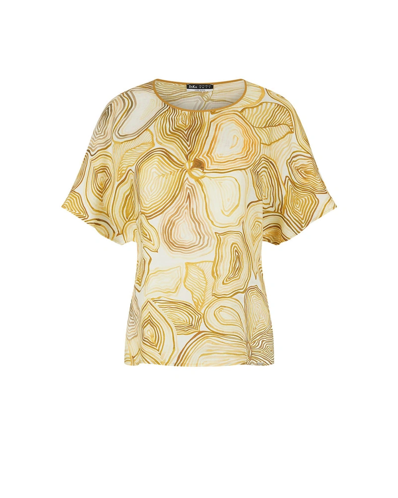 Блуза от район и лен със стилизиран мотив в бежовата гама | Casual