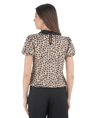 Elegant beige blouse with geometric black print and black collar | NEW - 4