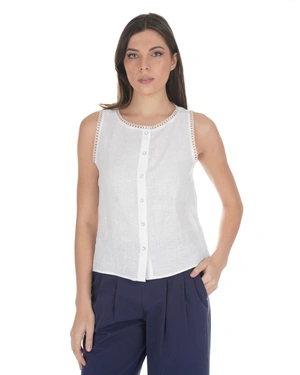 100% კანაფისგან დამზადებული თეთრი, უსახელო ქალის ბლუზა ღილებით | ახალი - 1