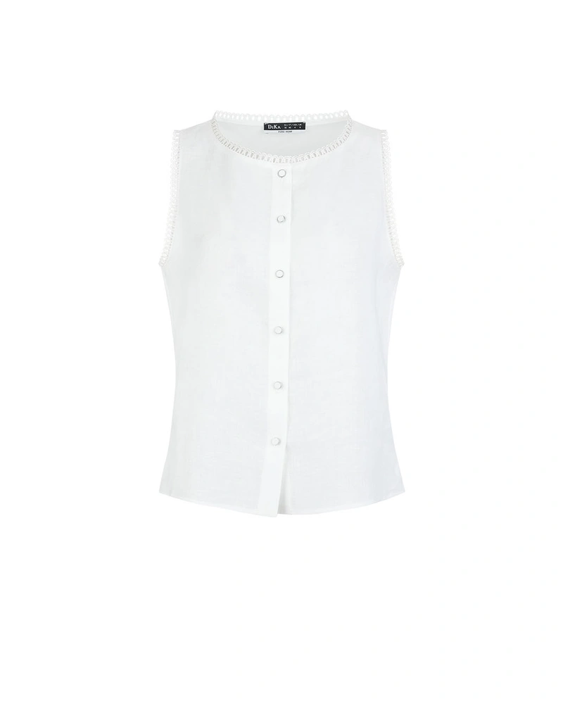 Бяла дамска блуза без ръкав от 100% коноп с копчета | НОВО | Dika.bg Бяла дамска блуза без ръкав от 100% коноп с копчета | НОВО