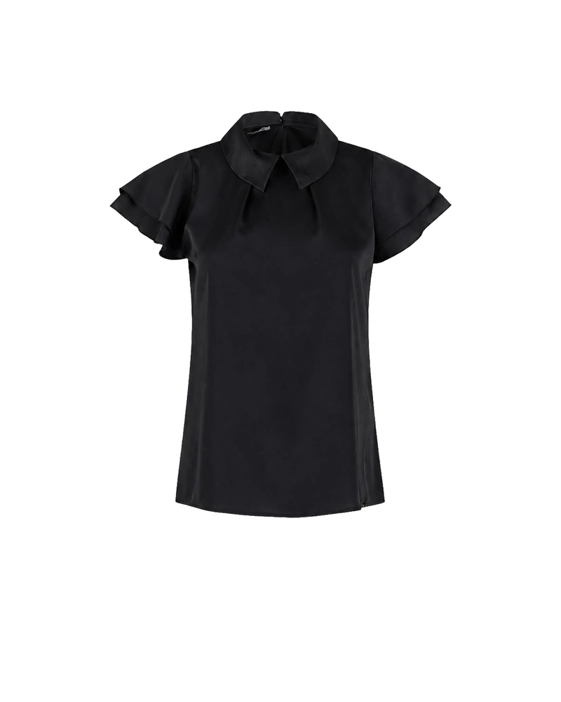 Elegantna crna ženska bluza kratkih rukava sa satenskim sjajem | Bluze