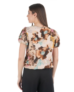 Blouse with stylized floral print in pastel earth tones | Casual | Dika.bg - 3 Blouse with stylized floral print in pastel earth tones | Casual - 3