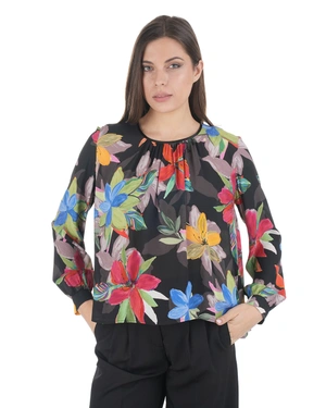 Spring rayon blouse with a contrasting floral print on a black background | Blouses | Dika.bg - 1 Spring rayon blouse with a contrasting floral print on a black background | Blouses - 1