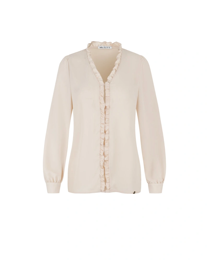 Spring blouse in ecru with long sleeves and a V-neckline with delicate ruffles | Blouses | Dika.bg Spring blouse in ecru with long sleeves and a V-neckline with delicate ruffles | Blouses