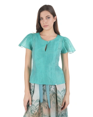 Резедава ленена блуза с къс ръкав и деликатен капковиден отвор с копче перла | НОВО - 1