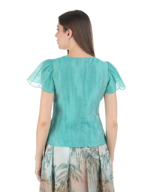 Резедава ленена блуза с къс ръкав и деликатен капковиден отвор с копче перла | НОВО - 3