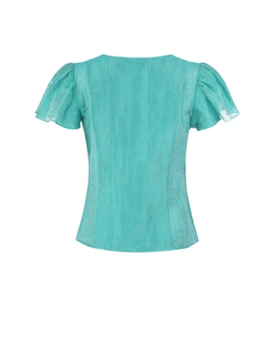 Резедава ленена блуза с къс ръкав и деликатен капковиден отвор с копче перла | НОВО - 4