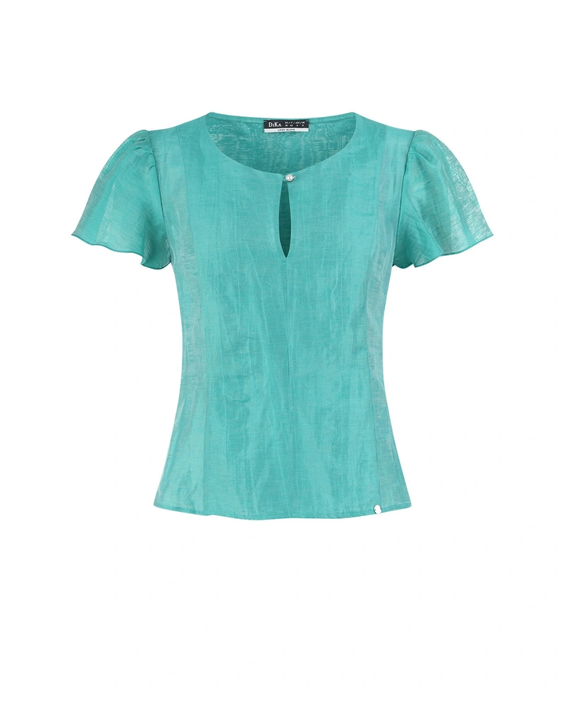 Резедава ленена блуза с къс ръкав и деликатен капковиден отвор с копче перла | НОВО | Dika.bg Резедава ленена блуза с къс ръкав и деликатен капковиден отвор с копче перла | НОВО