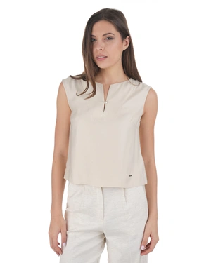 Beige blouse in viscose and rayon, with V-neck opening and button | NEW - 2