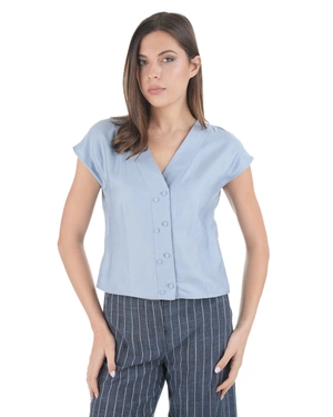 Stylish light blue viscose and rayon blouse with V-neckline and buttons | NEW - 1