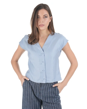 Stylish light blue viscose and rayon blouse with V-neckline and buttons | NEW - 2