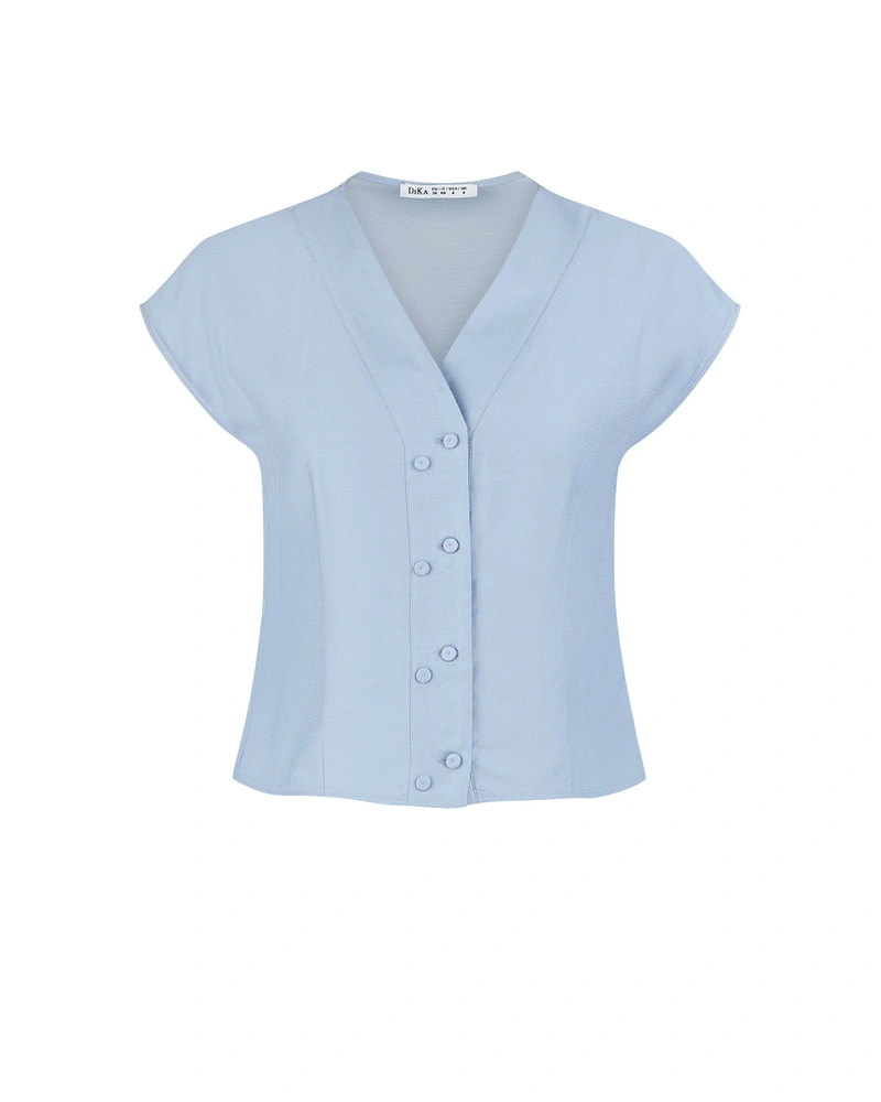 Stylish light blue viscose and rayon blouse with V-neckline and buttons | NEW | Dika.rs Stylish light blue viscose and rayon blouse with V-neckline and buttons | NEW