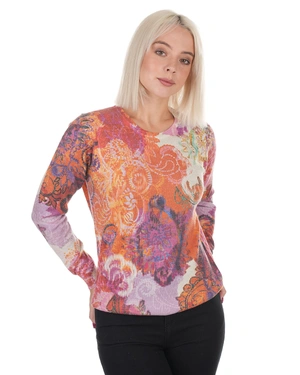 მდგრადი სვიტერი სტილიზებული ინდური ორნამენტით ნარინჯისფერ-იისფერ ტონებში | სვიტრები - 3