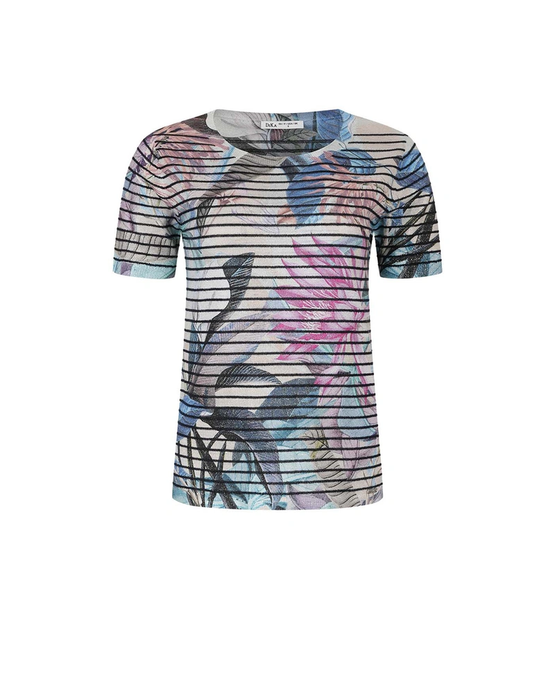 Striped knit blouse with a floral pattern, with a shiny lurex thread | Knitwear