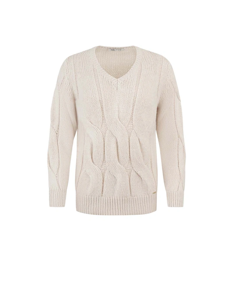 Beige knitted V-neck sweater | Pulls