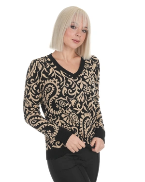 Дамски жакардов пуловер с индийски десен в черно и бежово | НАМАЛЕНИЕ - 3