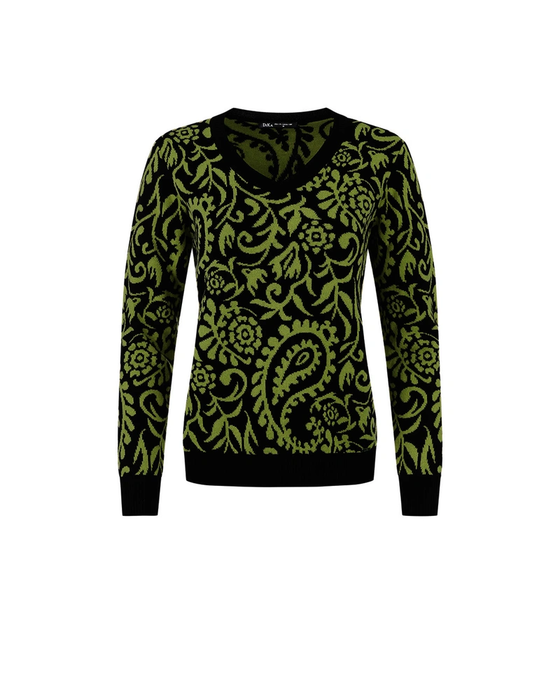 Women's jacquard sweater with paisley print in black and green | Knitwear | Dika.bg Women's jacquard sweater with paisley print in black and green | Knitwear
