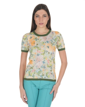 Knit top with a floral motif in warm tones and green detailing | PRODUCTS - 1