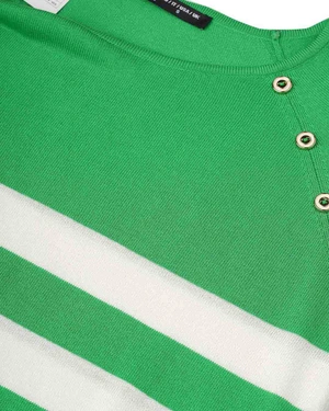 Bluză tricotată în dungi verzi si albe cu nasturi decorativi | Pulovere - 2