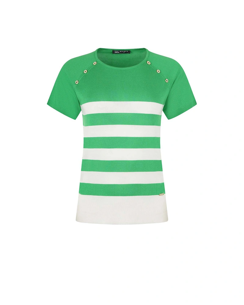 Зелена раирана трикотажна блуза с декоративни копчета | КОЛЕКЦИЯ ЛЯТО