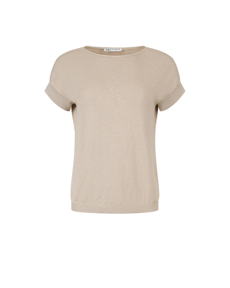 Бежов трикотажен памучен топ с къс ръкав | Плетива