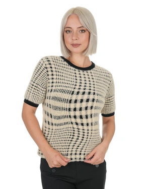 Soft fluffy sweater with geometric psychedelic print in beige and black | Pullovers - 3