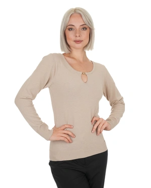 Beige long sleeve top with teardrop opening and logo | Pullovers - 4