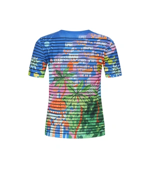 Трикотажна блуза райе с архитектурен пейзаж в синьо-оранжево-зелена гама | Плетива - 1