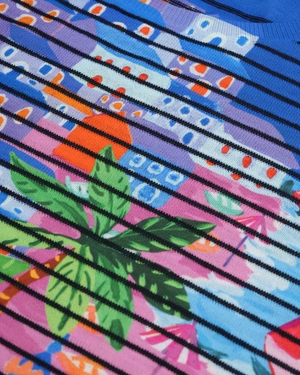 Трикотажна блуза райе с архитектурен пейзаж в синьо-оранжево-зелена гама | Плетива - 2