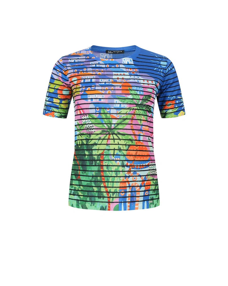 Striped knit blouse with an architectural landscape in a blue-orange-green range | Knitwear