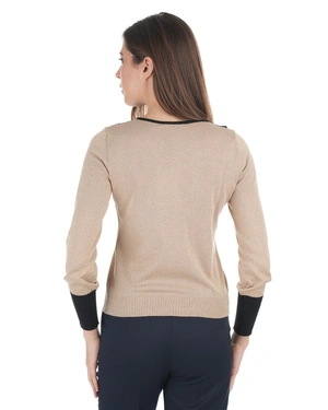 Light beige knit blouse with a black Peter Pan collar | Pullovers - 3