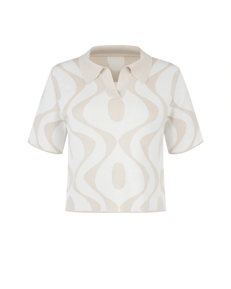Jacquard blouse in beige and white with open collar | Pulls
