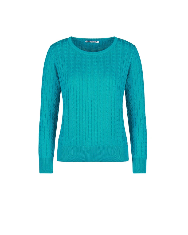 Плетен пролетен пуловер в петролено с класическа линия и фини плетеници | Пуловери