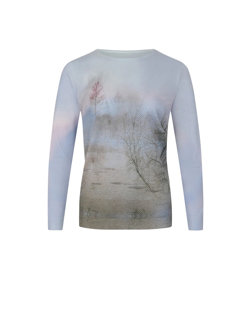 Сиво-бежов пуловер с художествен принт | Пуловери | Dika.bg Сиво-бежов пуловер с художествен принт | Пуловери