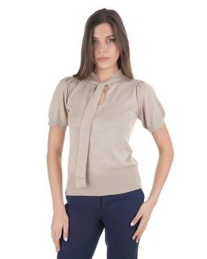 Tamno-bež pleteni top sa mašnom oko vrata | Džemper - 1